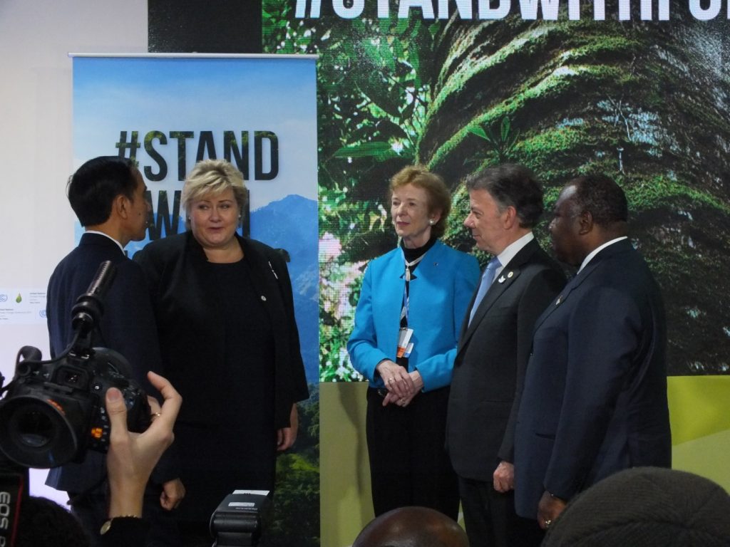 From left are Indonesian president Joko Widodo, Norway’s prime minister Erna Solbergof, UN special envoy on climate change and former Irish president Mary Robinson, Colombian president Juan Manuel Santos, and Gabonese president Ali Bongo.