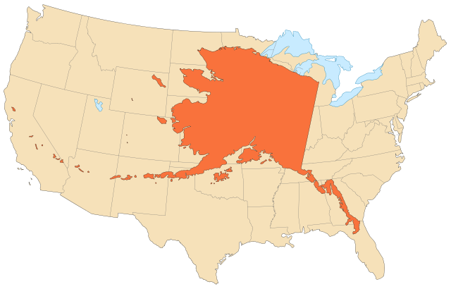 Map of Alaska's area compared to the 48 conterminous United States. Photo Credit: Eric Gaba (Sting - fr:Sting) - Own work Data: NGDC World Coast Line (public domain) NGDC World Data Bank II (public domain)