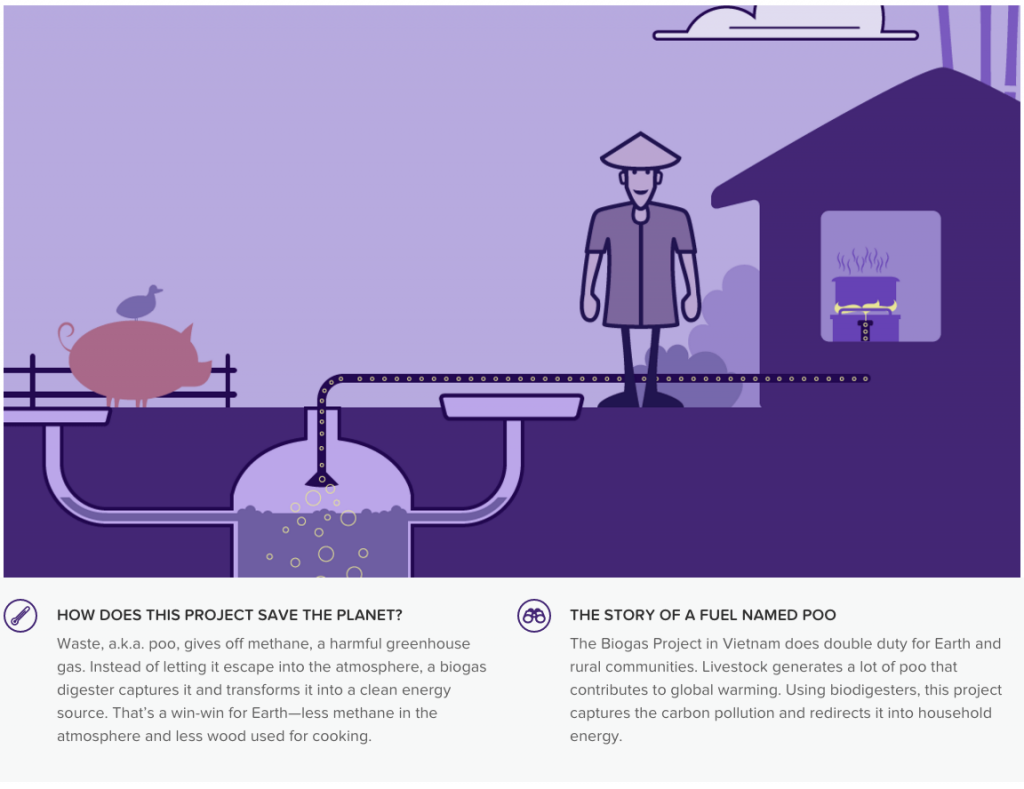 A screenshot from the Cool Effect platform describing a biogas project in Vietnam. It uses a bit of humor to tell "the story of a fuel named poo."