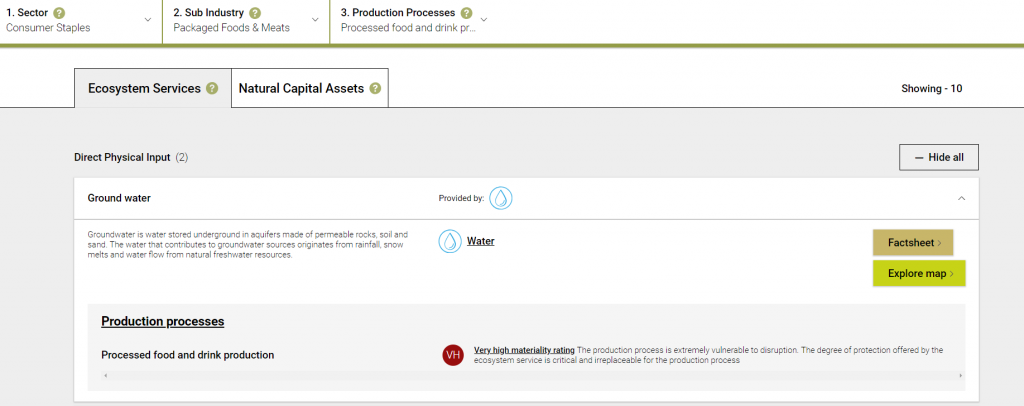 With ENCORE, you can begin with one sector – in this case, consumer staples – and then dive down into a specific  sub-industry (packaged foods & meats), and then a specific  production process within that sector (here the production of processed foods, as opposed to farming and transportation). Then you can explore the exposure to disruptions in various ecosystem services or natural capital assets.